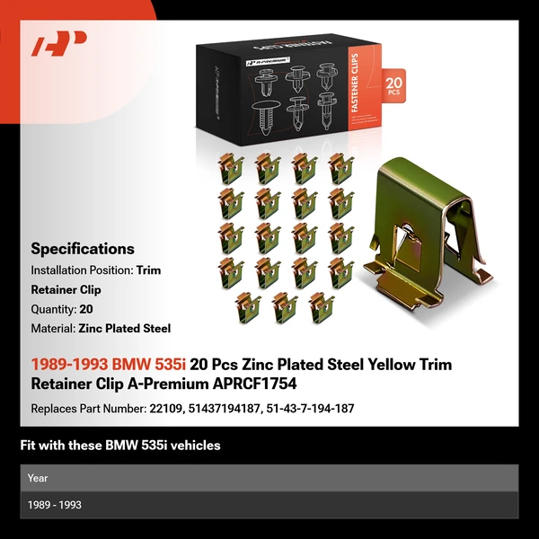 1989-1993 BMW 535i 20 Pcs Zinc Plated Steel Yellow Trim Retainer Clip A-Premium APRCF1754