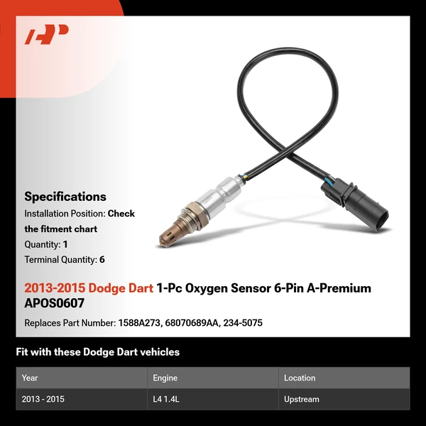 2013-2015 Dodge Dart 1-Pc Oxygen Sensor 6-Pin A-Premium APOS0607