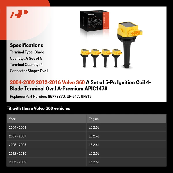 2004-2009 2012-2016 Volvo S60 A Set of 5-Pc Ignition Coil 4-Blade Terminal Oval A-Premium APIC1478
