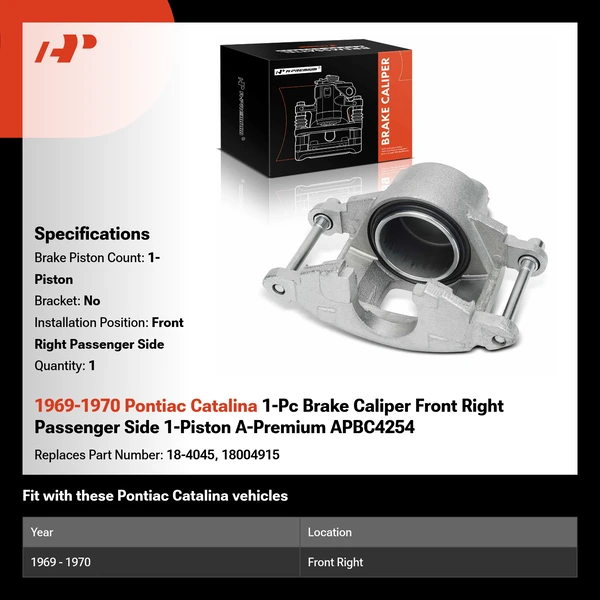 1969-1970 Pontiac Catalina 1-Pc Brake Caliper Front Right Passenger Side 1-Piston A-Premium APBC4254