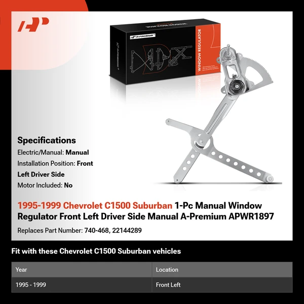 1995-1999 Chevrolet C1500 Suburban 1-Pc Manual Window Regulator Front Left Driver Side Manual A-Premium APWR1897