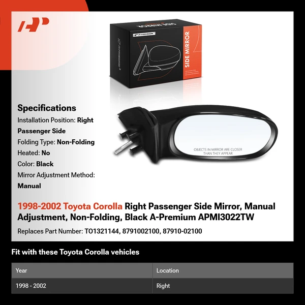 1998-2002 Toyota Corolla Right Passenger Side Mirror, Manual Adjustment, Non-Folding, Black A-Premium APMI3022TW