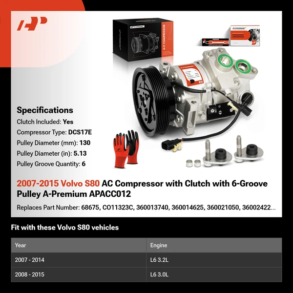 2007-2015 Volvo S80 AC Compressor with Clutch with 6-Groove Pulley A-Premium APACC012