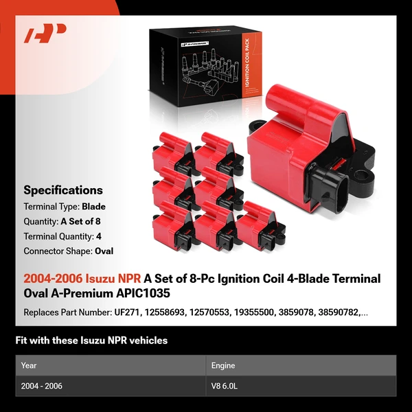 2004-2006 Isuzu NPR A Set of 8-Pc Ignition Coil 4-Blade Terminal Oval A-Premium APIC1035