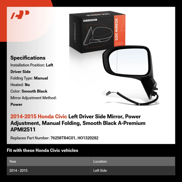2014-2015 Honda Civic Left Driver Side Mirror, Power Adjustment, Manual Folding, Smooth Black A-Premium APMI2511