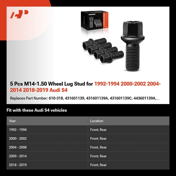 5 Pcs M14-1.50 Wheel Lug Stud for 1992-1994 2000-2002 2004-2014 2018-2019 Audi S4
