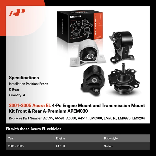 2001-2005 Acura EL 4-Pc Engine Mount and Transmission Mount Kit Front & Rear A-Premium APEM030