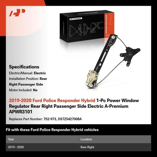 2019-2020 Ford Police Responder Hybrid 1-Pc Power Window Regulator Rear Right Passenger Side Electric A-Premium APWR3101