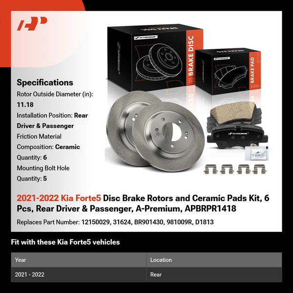 2021-2022 Kia Forte5 Disc Brake Rotors and Ceramic Pads Kit, 6 Pcs, Rear Driver & Passenger, A-Premium, APBRPR1418