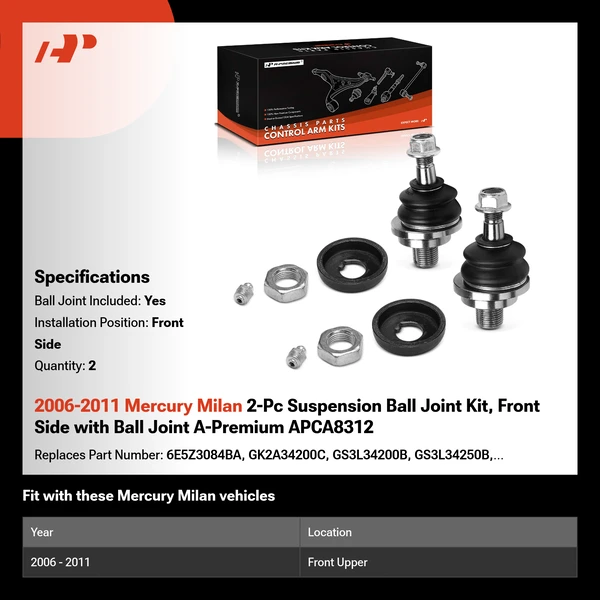 2006-2011 Mercury Milan 2-Pc Suspension Ball Joint Kit, Front Side with Ball Joint A-Premium APCA8312