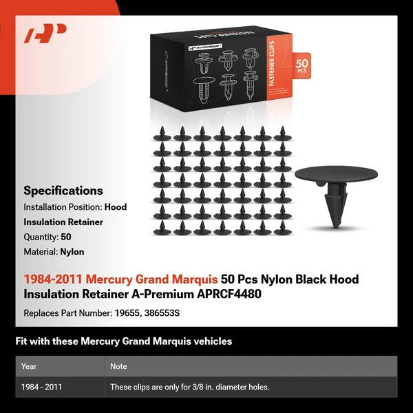 1984-2011 Mercury Grand Marquis 50 Pcs Nylon Black Hood Insulation Retainer A-Premium APRCF4480