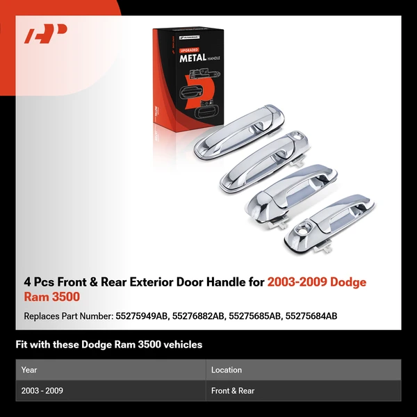 4 Pcs Front & Rear Exterior Door Handle for 2003-2009 Dodge Ram 3500