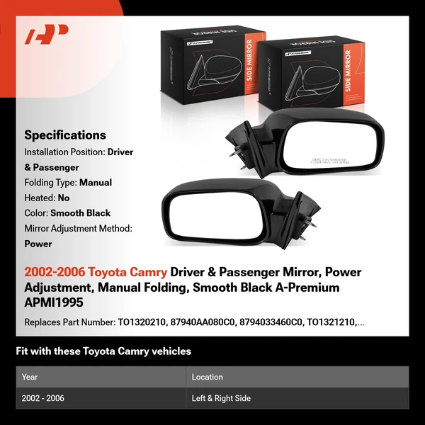 2002-2006 Toyota Camry Driver & Passenger Mirror, Power Adjustment, Manual Folding, Smooth Black A-Premium APMI1995