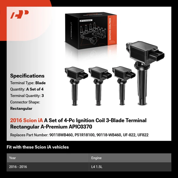 2016 Scion iA A Set of 4-Pc Ignition Coil 3-Blade Terminal Rectangular A-Premium APIC0370