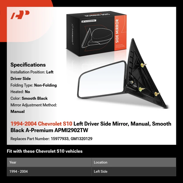 1994-2004 Chevrolet S10 Left Driver Side Mirror, Manual, Smooth Black A-Premium APMI2902TW