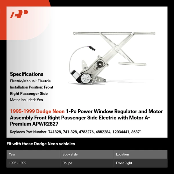 1995-1999 Dodge Neon 1-Pc Power Window Regulator and Motor Assembly Front Right Passenger Side Electric with Motor A-Premium APWR2827