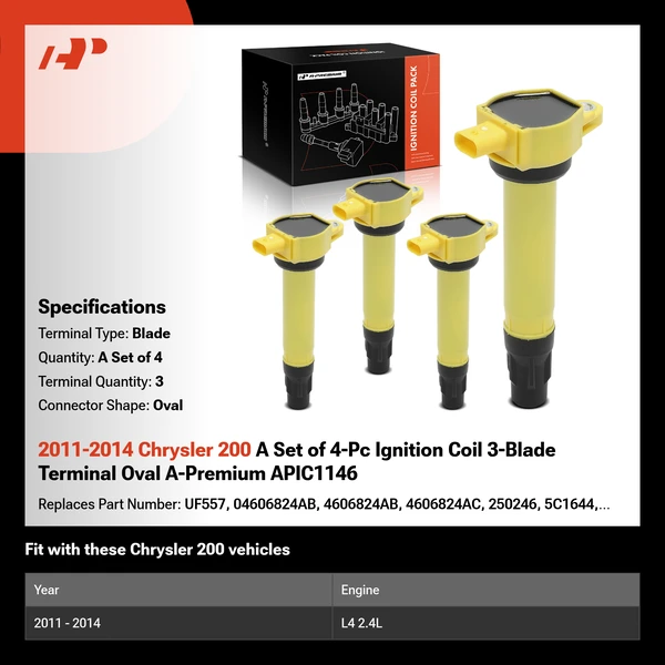 2011-2014 Chrysler 200 A Set of 4-Pc Ignition Coil 3-Blade Terminal Oval A-Premium APIC1146