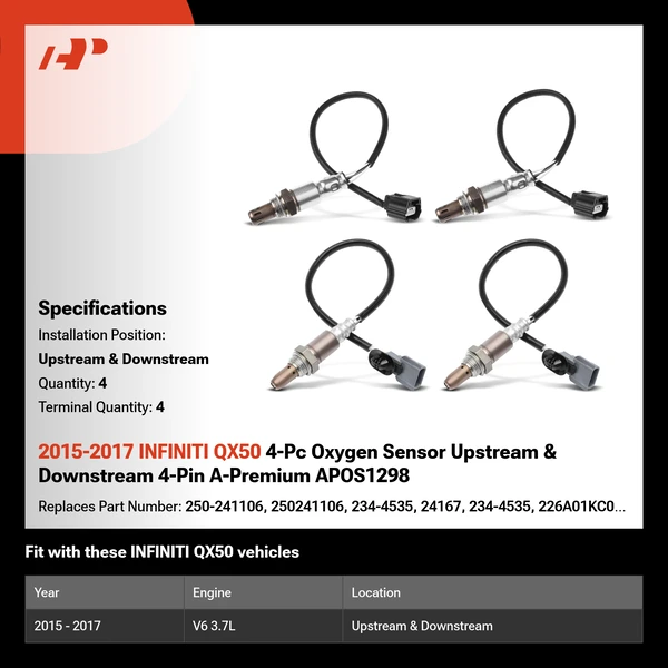 2015-2017 INFINITI QX50 4-Pc Oxygen Sensor Upstream & Downstream 4-Pin A-Premium APOS1298