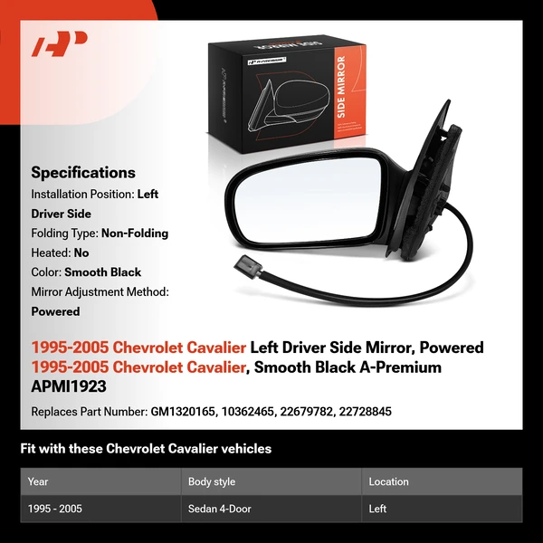 1995-2005 Chevrolet Cavalier Left Driver Side Mirror, Powered 1995-2005 Chevrolet Cavalier, Smooth Black A-Premium APMI1923