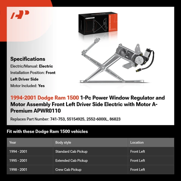 1994-2001 Dodge Ram 1500 1-Pc Power Window Regulator and Motor Assembly Front Left Driver Side Electric with Motor A-Premium APWR0110