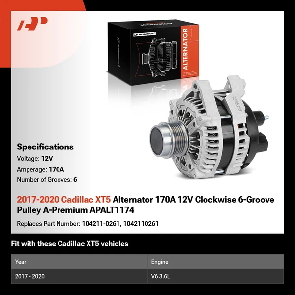 2017-2020 Cadillac XT5 Alternator 170A 12V Clockwise 6-Groove Pulley A-Premium APALT1174