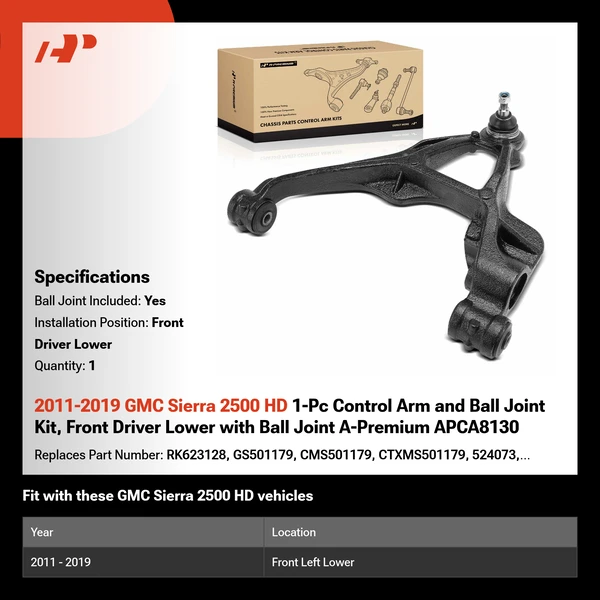 2011-2019 GMC Sierra 2500 HD 1-Pc Control Arm and Ball Joint Kit, Front Driver Lower with Ball Joint A-Premium APCA8130