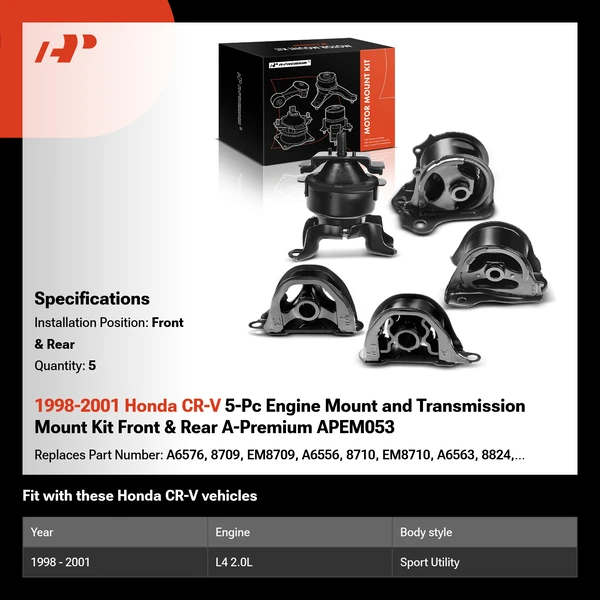 1998-2001 Honda CR-V 5-Pc Engine Mount and Transmission Mount Kit Front & Rear A-Premium APEM053