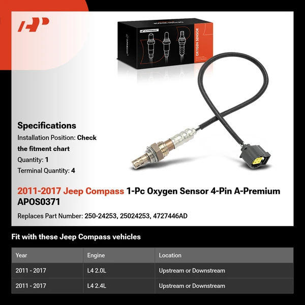 2011-2017 Jeep Compass 1-Pc Oxygen Sensor 4-Pin A-Premium APOS0371