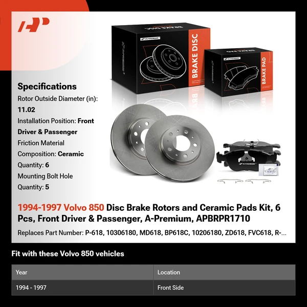 1994-1997 Volvo 850 Disc Brake Rotors and Ceramic Pads Kit, 6 Pcs, Front Driver & Passenger, A-Premium, APBRPR1710
