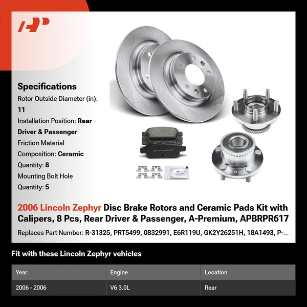 2006 Lincoln Zephyr Disc Brake Rotors and Ceramic Pads Kit with Calipers, 8 Pcs, Rear Driver & Passenger, A-Premium, APBRPR617
