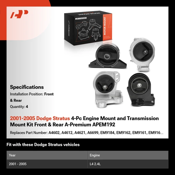 2001-2005 Dodge Stratus 4-Pc Engine Mount and Transmission Mount Kit Front & Rear A-Premium APEM192