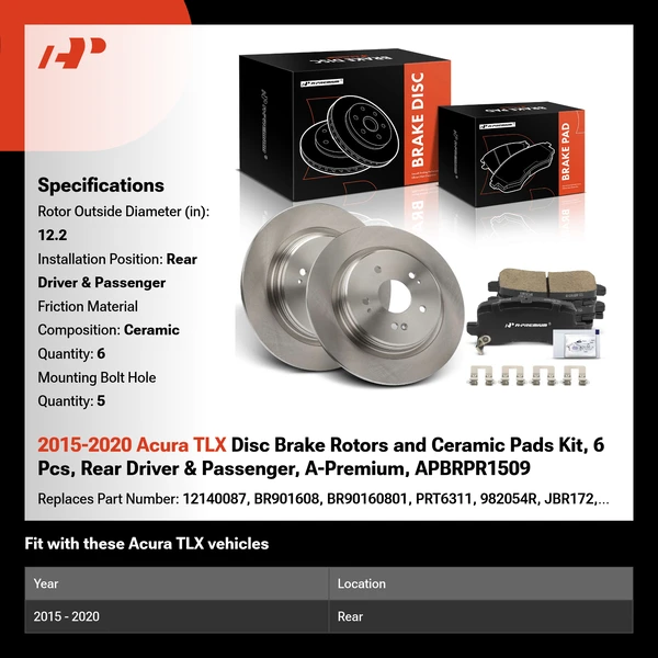 2015-2020 Acura TLX Disc Brake Rotors and Ceramic Pads Kit, 6 Pcs, Rear Driver & Passenger, A-Premium, APBRPR1509