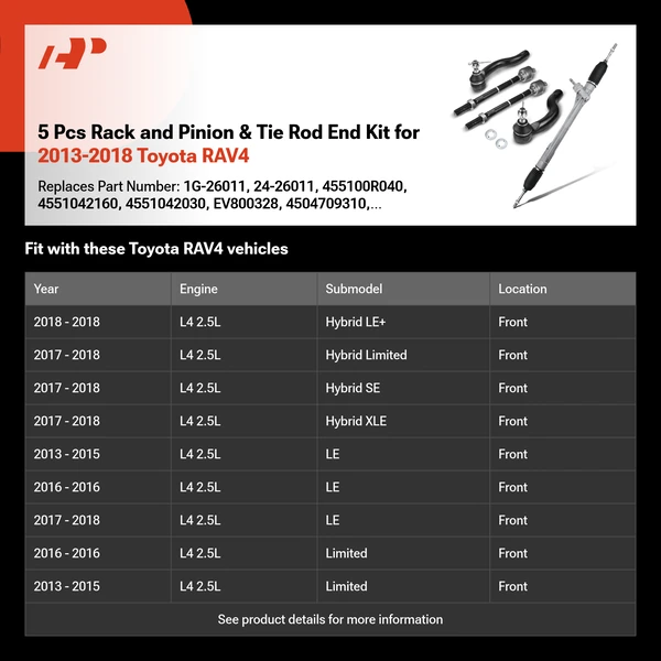 5 Pcs Rack and Pinion & Tie Rod End Kit for 2013-2018 Toyota RAV4