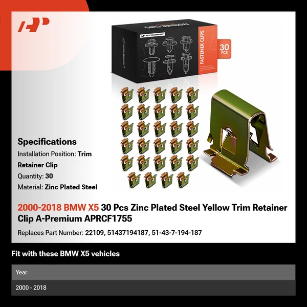 2000-2018 BMW X5 30 Pcs Zinc Plated Steel Yellow Trim Retainer Clip A-Premium APRCF1755