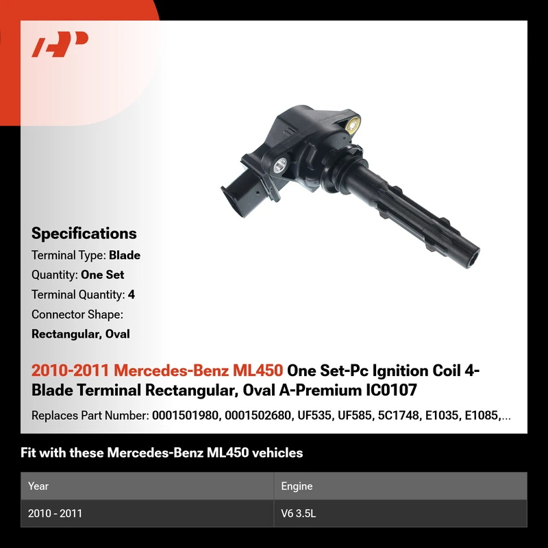 2010-2011 Mercedes-Benz ML450 One Set-Pc Ignition Coil 4-Blade Terminal Rectangular, Oval A-Premium IC0107