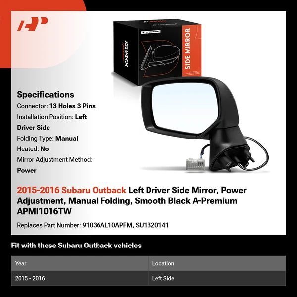 2015-2016 Subaru Outback Left Driver Side Mirror, Power Adjustment, Manual Folding, Smooth Black A-Premium APMI1016TW