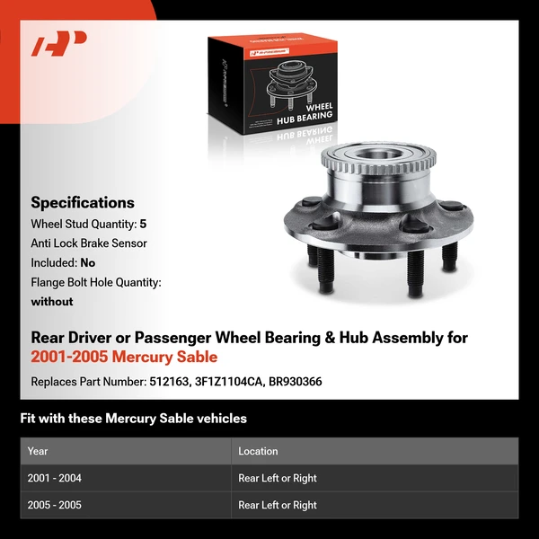 Rear Driver or Passenger Wheel Bearing & Hub Assembly for 2001-2005 Mercury Sable