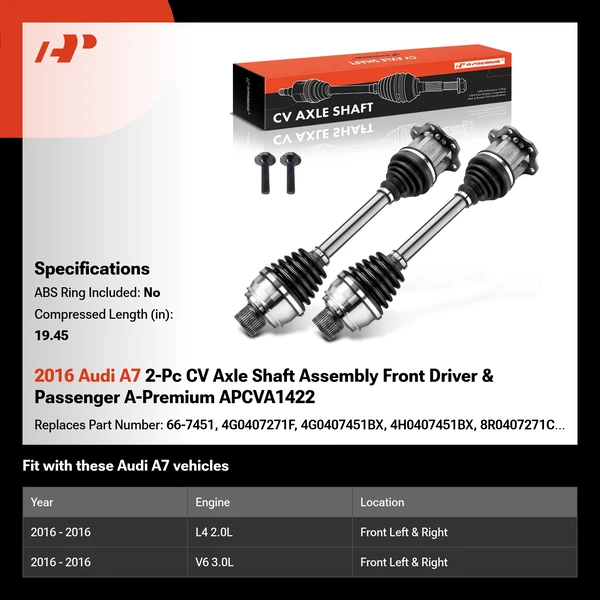 2016 Audi A7 2-Pc CV Axle Shaft Assembly Front Driver & Passenger A-Premium APCVA1422