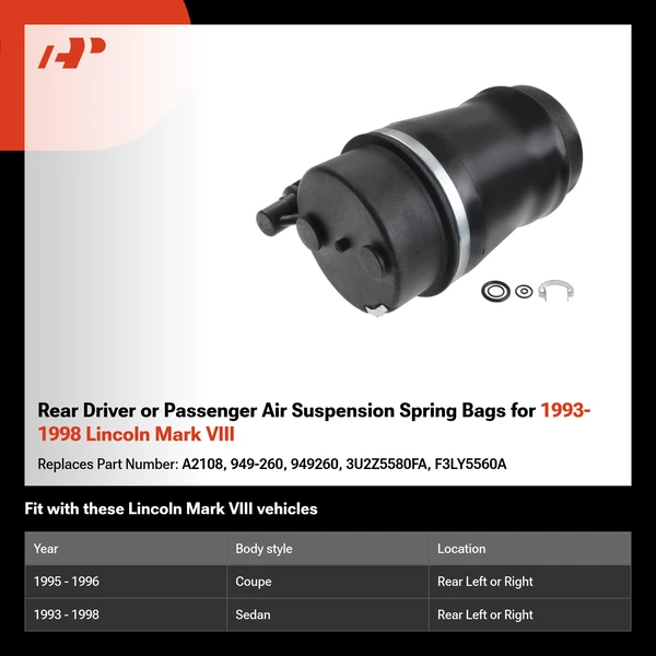 Rear Driver or Passenger Air Suspension Spring Bags for 1993-1998 Lincoln Mark VIII