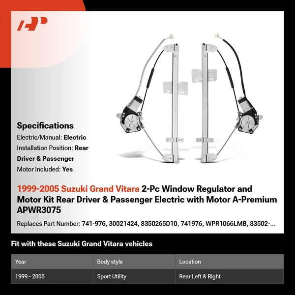 1999-2005 Suzuki Grand Vitara 2-Pc Window Regulator and Motor Kit Rear Driver & Passenger Electric with Motor A-Premium APWR3075