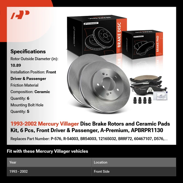 1993-2002 Mercury Villager Disc Brake Rotors and Ceramic Pads Kit, 6 Pcs, Front Driver & Passenger, A-Premium, APBRPR1130