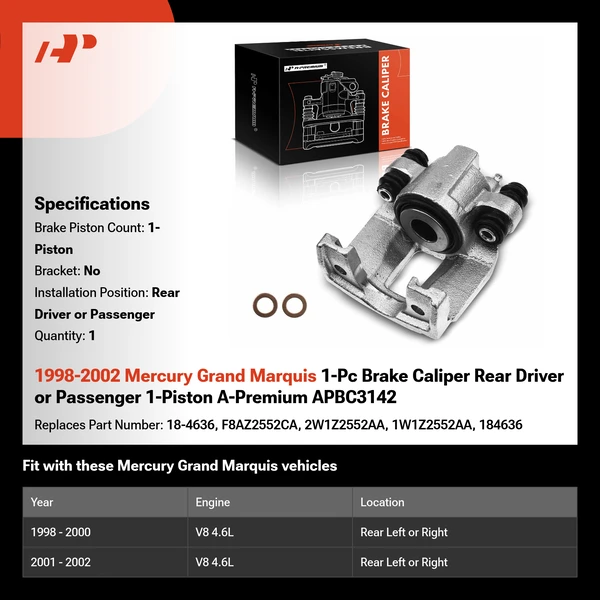 1998-2002 Mercury Grand Marquis 1-Pc Brake Caliper Rear Driver or Passenger 1-Piston A-Premium APBC3142