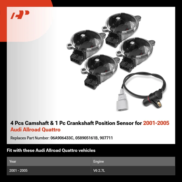 4 Pcs Camshaft & 1 Pc Crankshaft Position Sensor for 2001-2005 Audi Allroad Quattro