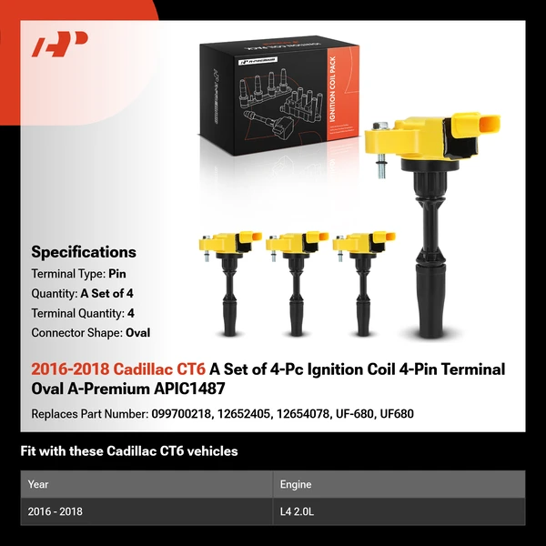 2016-2018 Cadillac CT6 A Set of 4-Pc Ignition Coil 4-Pin Terminal Oval A-Premium APIC1487
