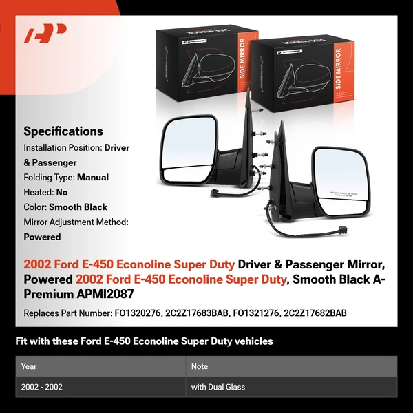 2002 Ford E-450 Econoline Super Duty Driver & Passenger Mirror, Powered 2002 Ford E-450 Econoline Super Duty, Smooth Black A-Premium APMI2087