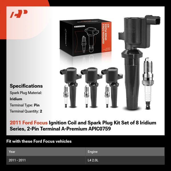 2011 Ford Focus Ignition Coil and Spark Plug Kit Set of 8 Iridium Series, 2-Pin Terminal A-Premium APIC0759