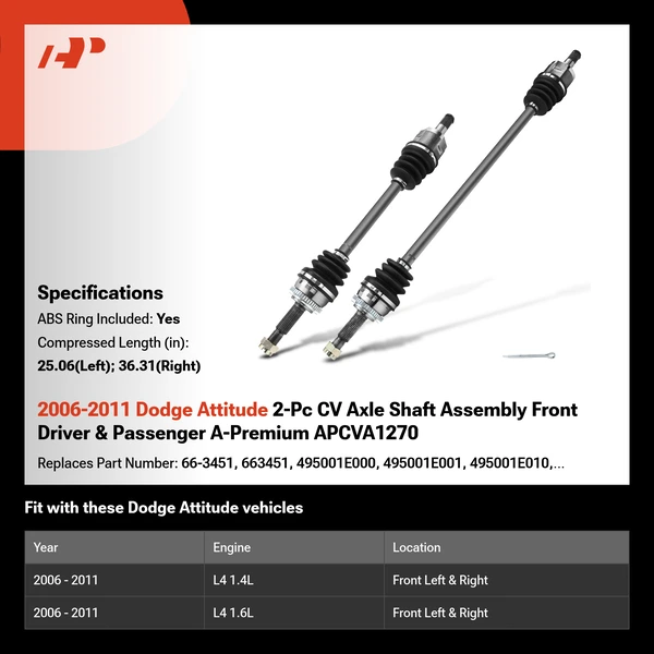 2006-2011 Dodge Attitude 2-Pc CV Axle Shaft Assembly Front Driver & Passenger A-Premium APCVA1270