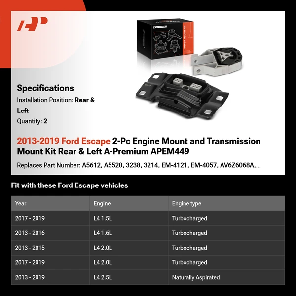 2013-2019 Ford Escape 2-Pc Engine Mount and Transmission Mount Kit Rear & Left A-Premium APEM449
