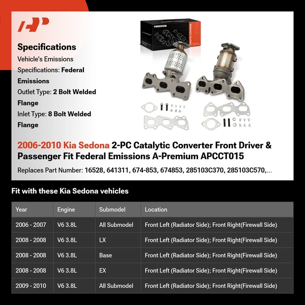 2006-2010 Kia Sedona 2-PC Catalytic Converter Front Driver & Passenger Fit Federal Emissions A-Premium APCCT015