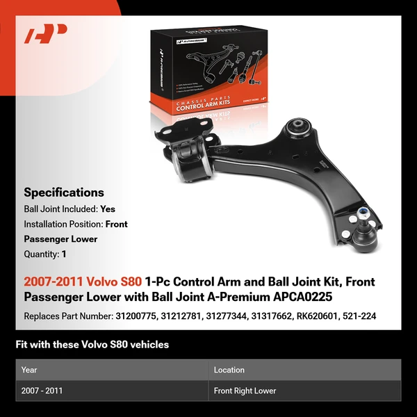 2007-2011 Volvo S80 1-Pc Control Arm and Ball Joint Kit, Front Passenger Lower with Ball Joint A-Premium APCA0225